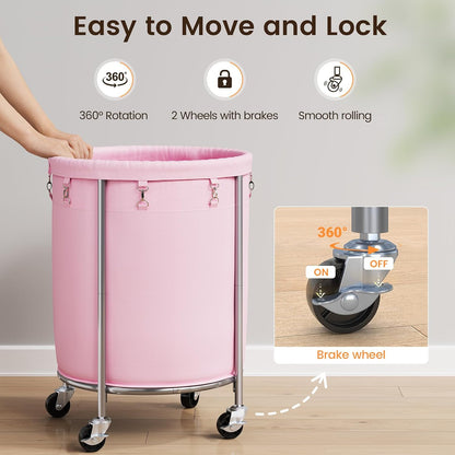 Laundry Basket with Wheels, Round Rolling Laundry Hamper, Pink