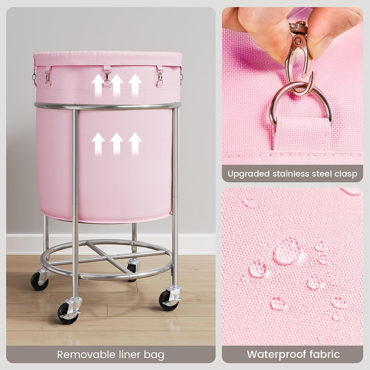 Laundry Basket with Wheels, Round Rolling Laundry Hamper, Pink