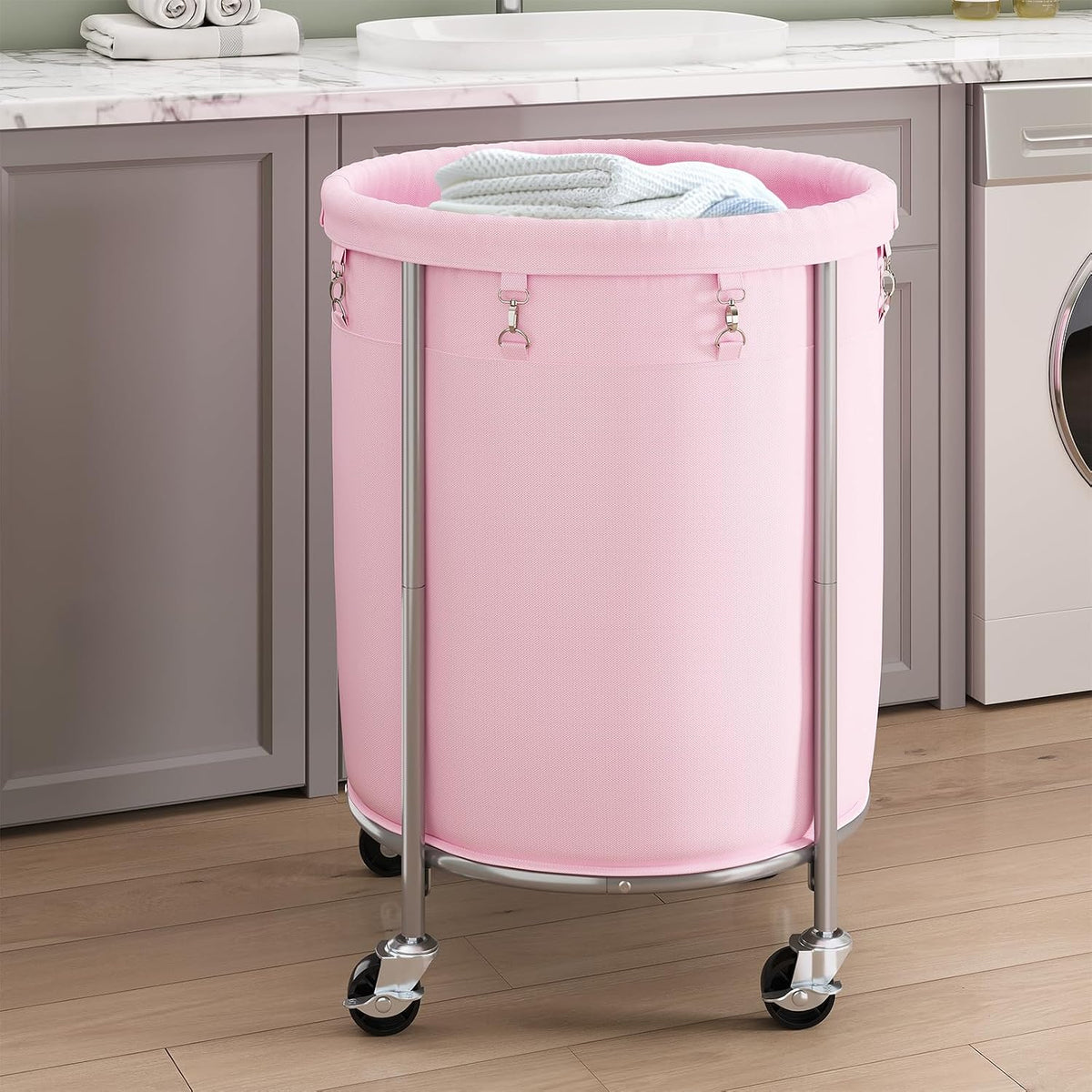 Laundry Basket with Wheels, Round Rolling Laundry Hamper, Pink