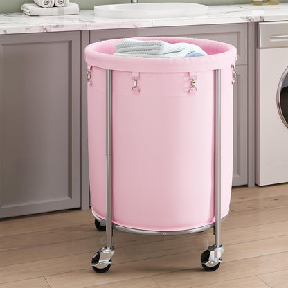Laundry Basket with Wheels, Round Rolling Laundry Hamper, Pink