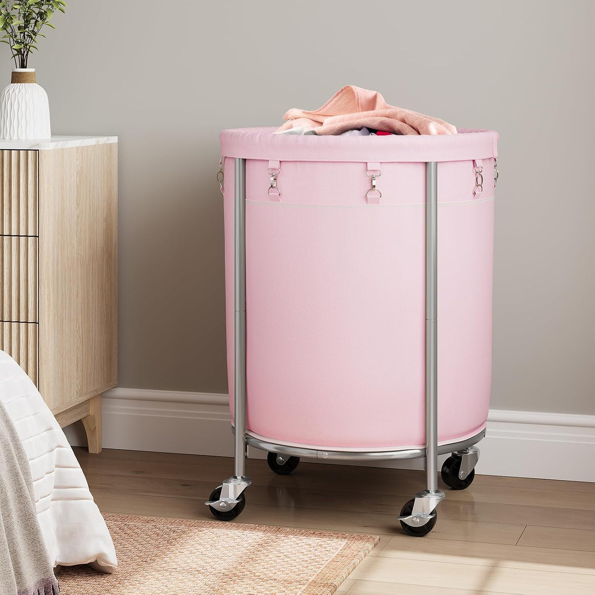 Laundry Basket with Wheels, Round Rolling Laundry Hamper, Pink