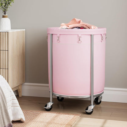 Laundry Basket with Wheels, Round Rolling Laundry Hamper, Pink