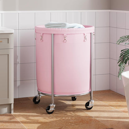 Laundry Basket with Wheels, Round Rolling Laundry Hamper, Pink