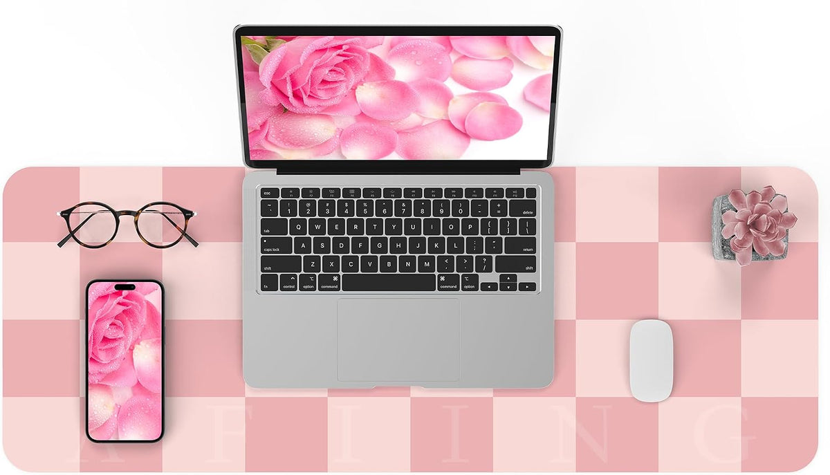 Pink Checkered Desk Mat, 31.5" x 12"，Waterproof PU Leather Desk pad