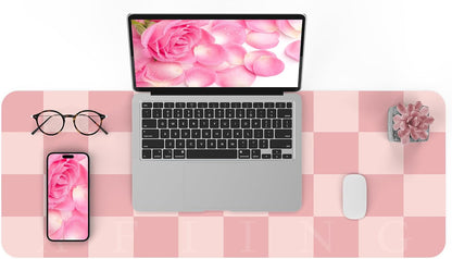 Pink Checkered Desk Mat, 31.5" x 12"，Waterproof PU Leather Desk pad