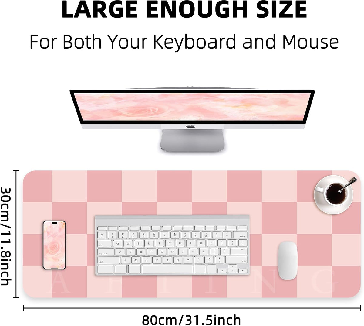 Pink Checkered Desk Mat, 31.5" x 12"，Waterproof PU Leather Desk pad