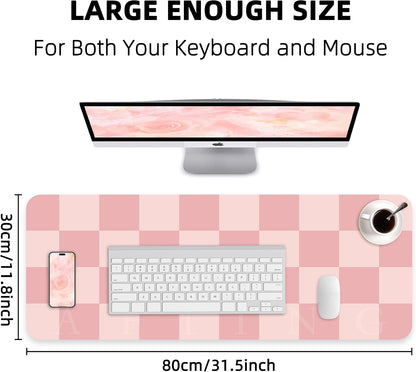 Pink Checkered Desk Mat, 31.5" x 12"，Waterproof PU Leather Desk pad