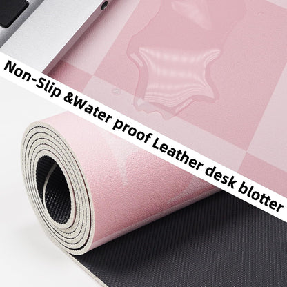 Pink Checkered Desk Mat, 31.5" x 12"，Waterproof PU Leather Desk pad