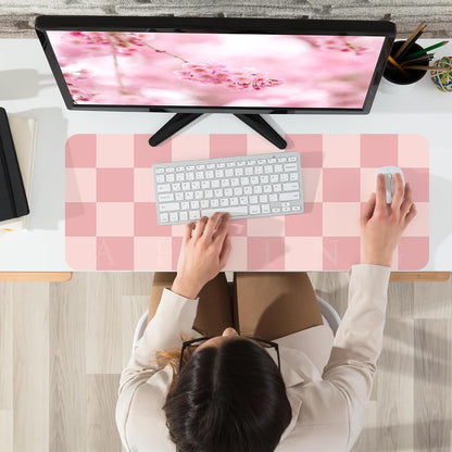 Pink Checkered Desk Mat, 31.5" x 12"，Waterproof PU Leather Desk pad