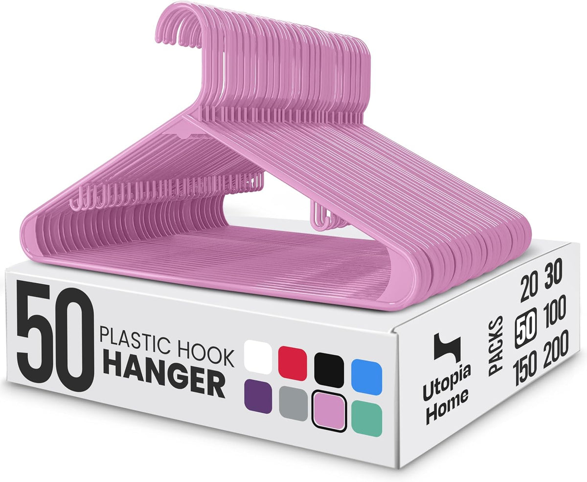 Plastic Hangers 50 Pack – Built-in Strap Hooks Pink