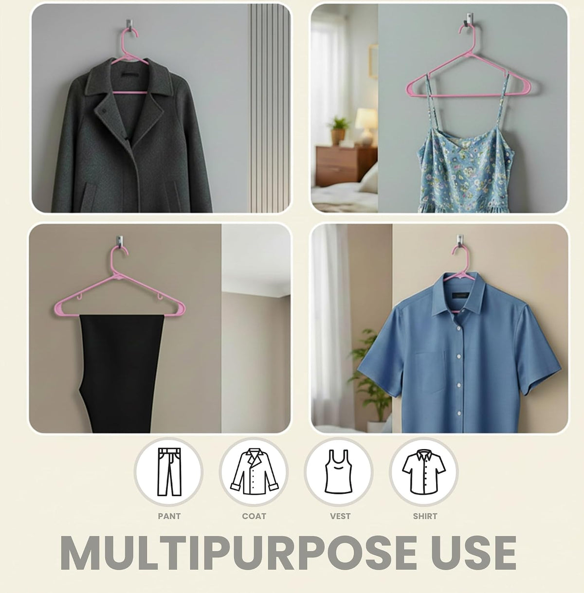 Plastic Hangers 50 Pack – Built-in Strap Hooks Pink