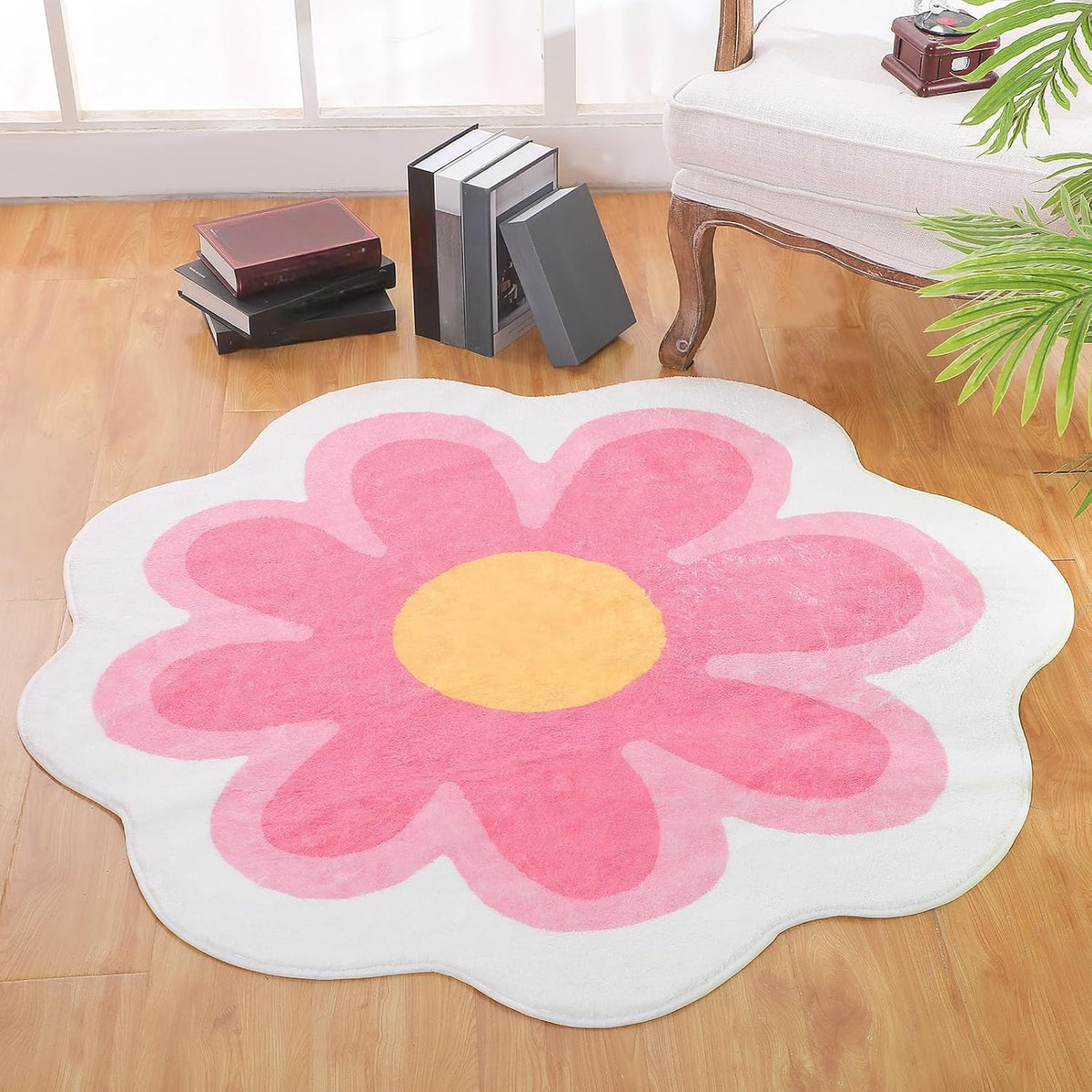 Aesthetic Flower Round Area Rug Non Slip Floor Mat, 4 ft, Pink