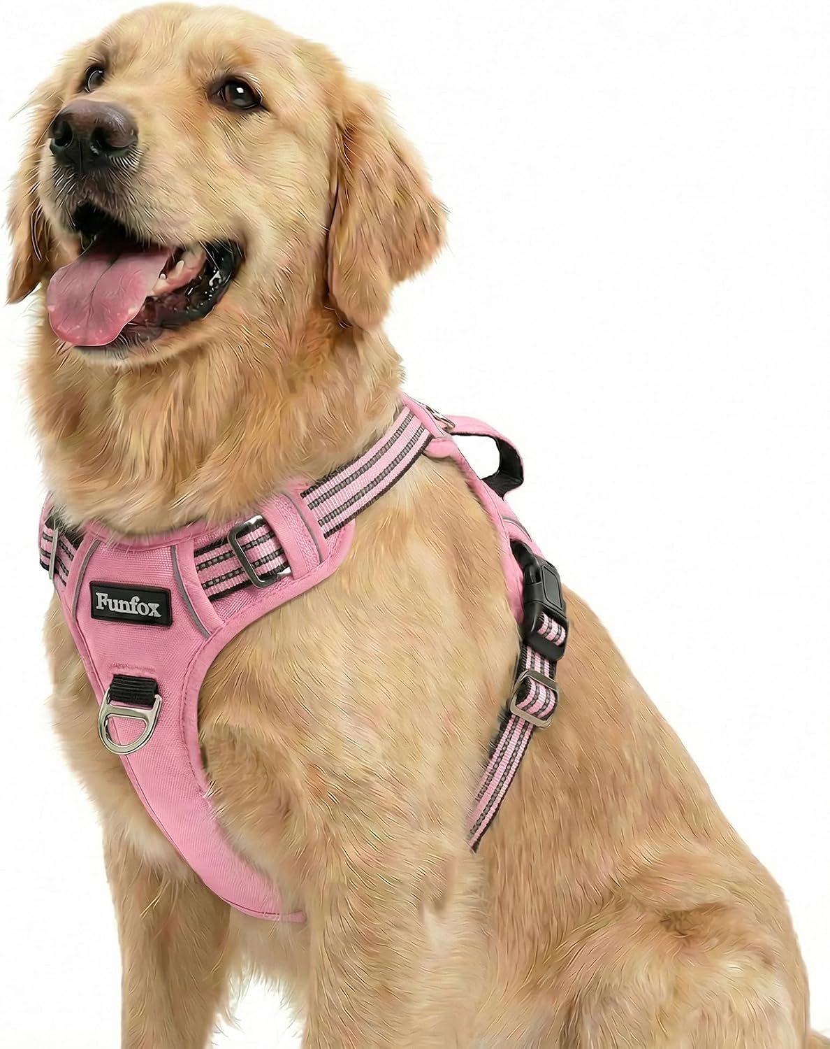 Funfox Dog Harness No Pull, Adjustable Pet Vest Harness, Super Soft Material with Vertical Handle Easy Control, Reflective Night Walking, 2 Leash Clips for Large Dogs, Pink, L
