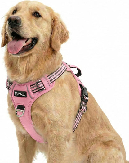 Funfox Dog Harness No Pull, Adjustable Pet Vest Harness, Super Soft Material with Vertical Handle Easy Control, Reflective Night Walking, 2 Leash Clips for Large Dogs, Pink, L