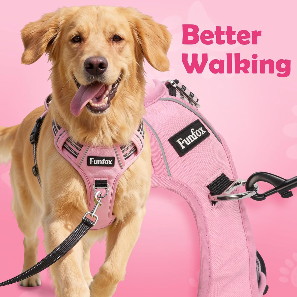 Funfox Dog Harness No Pull, Adjustable Pet Vest Harness, Super Soft Material with Vertical Handle Easy Control, Reflective Night Walking, 2 Leash Clips for Large Dogs, Pink, L