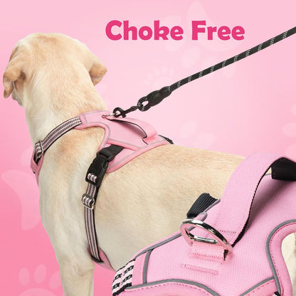 Funfox Dog Harness No Pull, Adjustable Pet Vest Harness, Super Soft Material with Vertical Handle Easy Control, Reflective Night Walking, 2 Leash Clips for Large Dogs, Pink, L