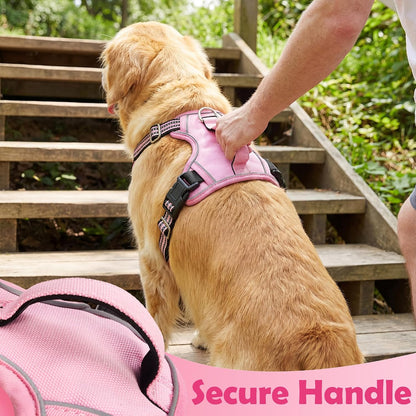 Funfox Dog Harness No Pull, Adjustable Pet Vest Harness, Super Soft Material with Vertical Handle Easy Control, Reflective Night Walking, 2 Leash Clips for Large Dogs, Pink, L
