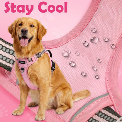 Funfox Dog Harness No Pull, Adjustable Pet Vest Harness, Super Soft Material with Vertical Handle Easy Control, Reflective Night Walking, 2 Leash Clips for Large Dogs, Pink, L