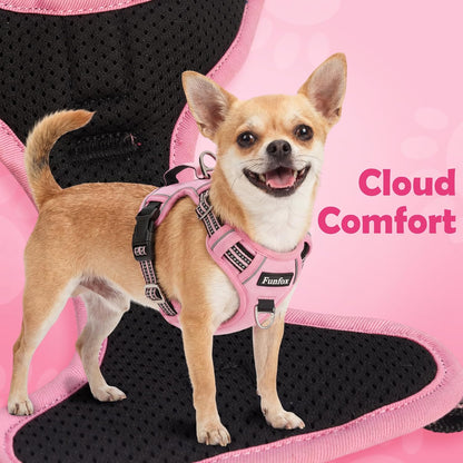 Funfox Dog Harness No Pull, Adjustable Pet Vest Harness, Super Soft Material with Vertical Handle Easy Control, Reflective Night Walking, 2 Leash Clips for Large Dogs, Pink, L