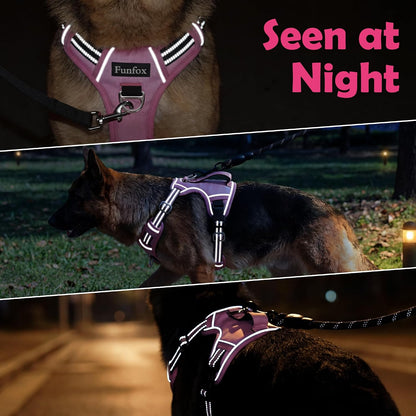 Funfox Dog Harness No Pull, Adjustable Pet Vest Harness, Super Soft Material with Vertical Handle Easy Control, Reflective Night Walking, 2 Leash Clips for Large Dogs, Pink, L