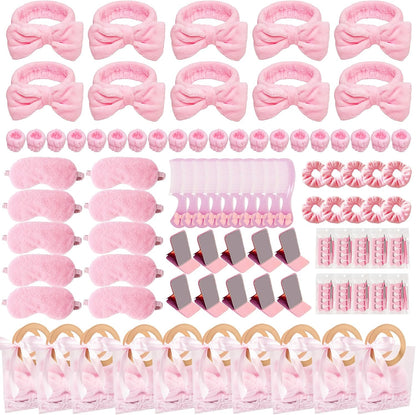 92 Pcs Pink Spa Sleepover Party Supplies for Girls, Include Skincare Headband Set Scrunchie Eye Mask, Mirror Hair, Comb, Nail Care Gift Bags for Spa Slumber Birthday Party Favors Supplies