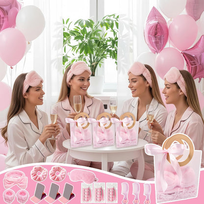 92 Pcs Pink Spa Sleepover Party Supplies for Girls, Include Skincare Headband Set Scrunchie Eye Mask, Mirror Hair, Comb, Nail Care Gift Bags for Spa Slumber Birthday Party Favors Supplies