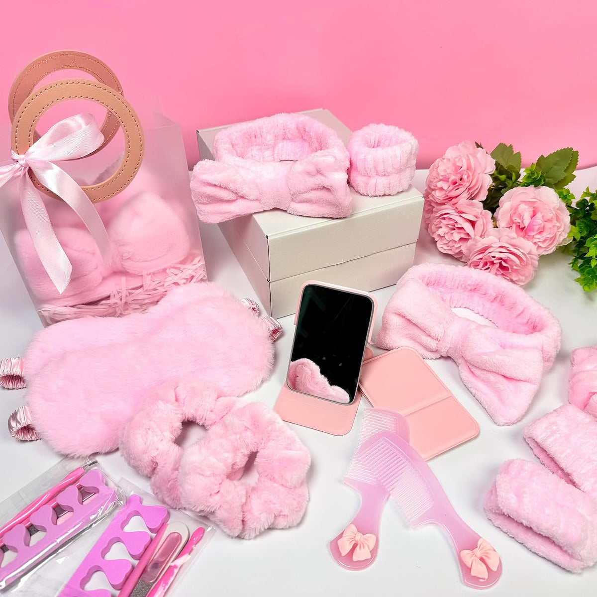 92 Pcs Pink Spa Sleepover Party Supplies for Girls, Include Skincare Headband Set Scrunchie Eye Mask, Mirror Hair, Comb, Nail Care Gift Bags for Spa Slumber Birthday Party Favors Supplies