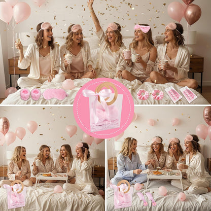 92 Pcs Pink Spa Sleepover Party Supplies for Girls, Include Skincare Headband Set Scrunchie Eye Mask, Mirror Hair, Comb, Nail Care Gift Bags for Spa Slumber Birthday Party Favors Supplies