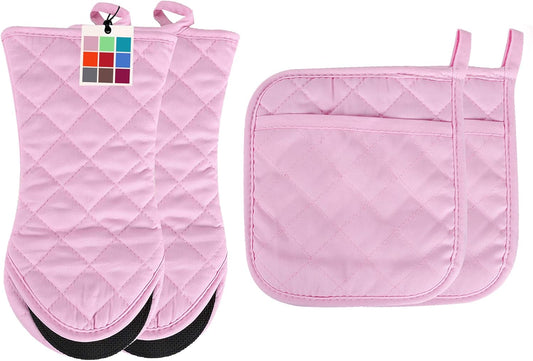 Oven Mitts and Potholders,4PCS Heat Resistant Kitchen Gloves,Non-Slip Rubber Surface 2 Oven Mitts,2 Pot Holders for Cooking,Baking,Grilling,Barbecue,Pink