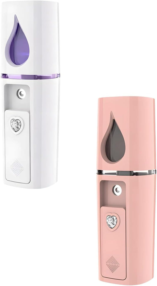 2 Pcs Portable Nano Mister, USB Rechargeable Mini Facial Steamer & Humidifier in Pink White, 4 x 1.18 in, for Face Hydration, Makeup Setting, Eyelash Extensions