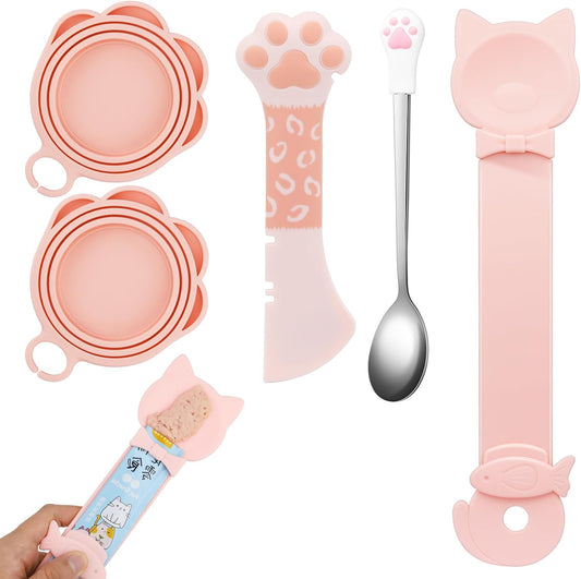 5 PCS Cat Food Can Covers Lids Set, Silicone Pet Food Can Lids with Multi-Function Cat Food Spoon and Opener, Cat Bar Squeezer, Stainless Steel Wet Food Spoon for Cats and Dogs (Pink) (Flower Pattern)