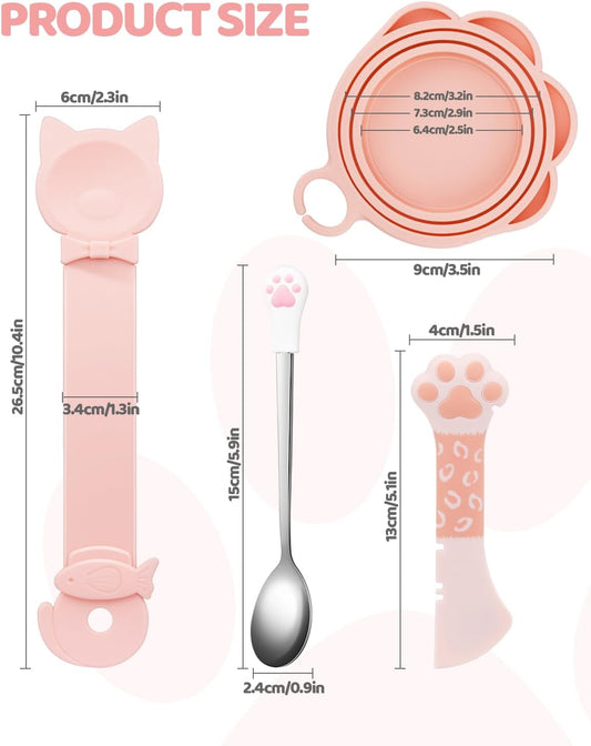 5 PCS Cat Food Can Covers Lids Set, Silicone Pet Food Can Lids with Multi-Function Cat Food Spoon and Opener, Cat Bar Squeezer, Stainless Steel Wet Food Spoon for Cats and Dogs (Pink) (Flower Pattern)