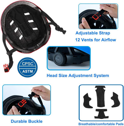 Bike Skateboard Helmet, 3 Sizes for Adult Youth Kids Women Men Boys Girls