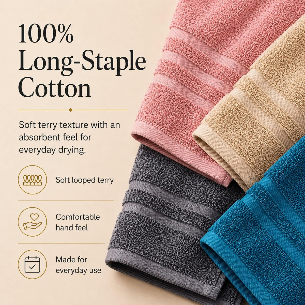 Large 100% Organic Cotton Bath Towels 4 Pack, 30x60 in, Multicolor