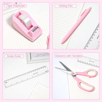 Pink Desk Accessories with Pen Holder, Pink Office Supplies Desk Organizers and Accessories for women, Tape Dispenser, Stapler, Staple Remover, Staples, Clips Set, Ruler, Scissor, Pen, Tape