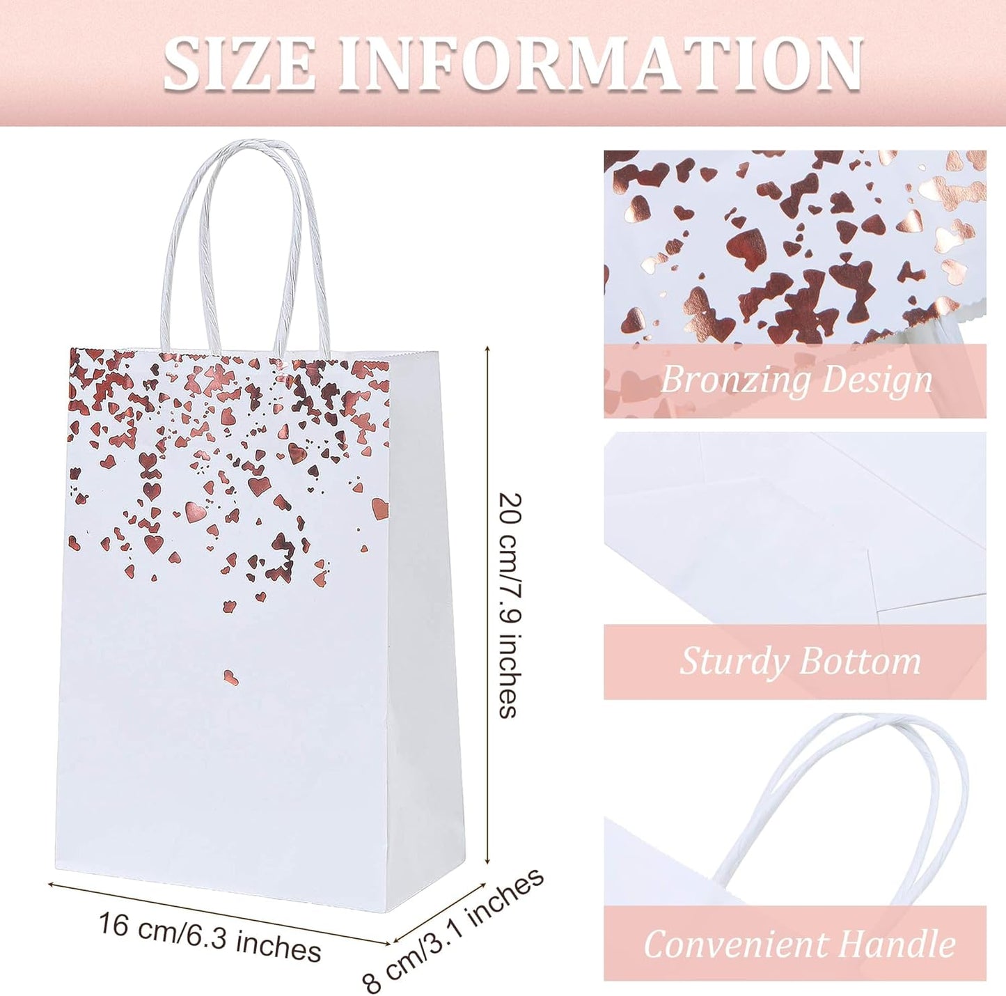 Cooraby 18 Pieces Rose Gold Bronzing Paper Bags Hen Party 6.3 x 3.1 x 8.6 Inch Bride Wedding Kraft Bags Birthday Gift Bag with Handle for Parties Celebrations (Color C)