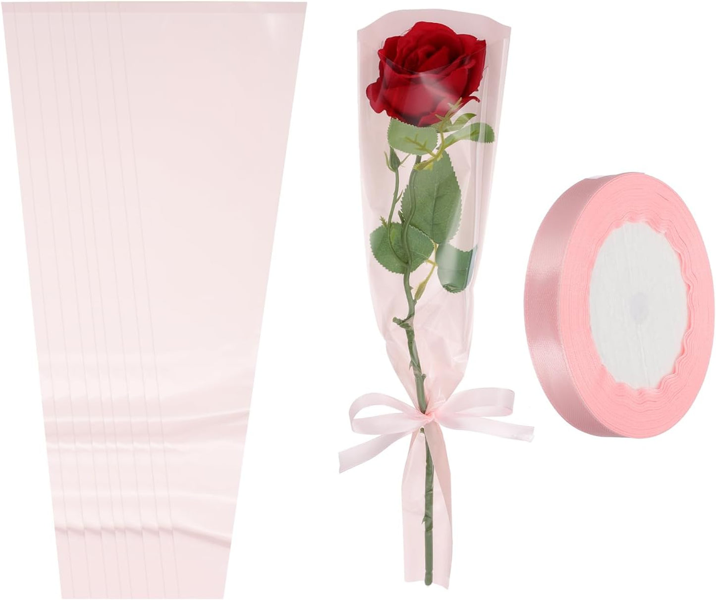 50 Pack Flower Wrapping Bag, Light Pink Floral Packing Sleeves with Ribbons Cute for Bouquets Wedding Birthday Graduation Anniversary Arrangement Gift, 17.7"x4.7"x1.2"
