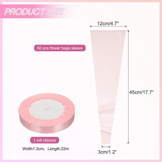 50 Pack Flower Wrapping Bag, Light Pink Floral Packing Sleeves with Ribbons Cute for Bouquets Wedding Birthday Graduation Anniversary Arrangement Gift, 17.7"x4.7"x1.2"