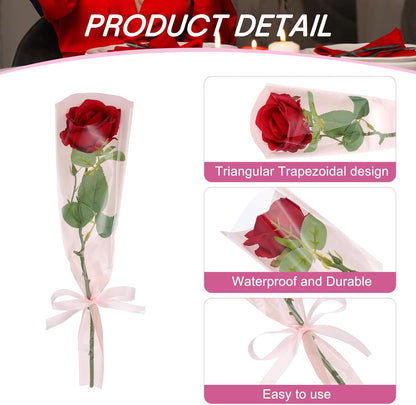 50 Pack Flower Wrapping Bag, Light Pink Floral Packing Sleeves with Ribbons Cute for Bouquets Wedding Birthday Graduation Anniversary Arrangement Gift, 17.7"x4.7"x1.2"