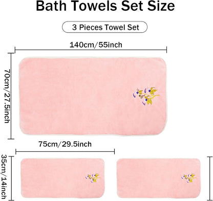 Pink Butterfly Floral Bath Towels Set Soft Coral Velvet Cute Flower Pattern Towels for Bathroom Highly Absorbent & Quick Drying Washcloth for Shower Kitchen Spa Guest(Pink)