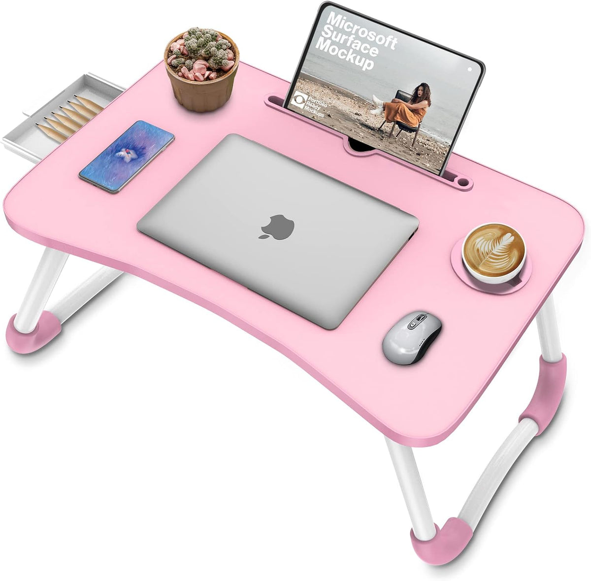 Multi-Function Laptop Bed Table with Storage Drawer and Cup Holder, Lap Desk Stand Tray for Eating, Reading and Working