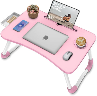 Multi-Function Laptop Bed Table with Storage Drawer and Cup Holder, Lap Desk Stand Tray for Eating, Reading and Working