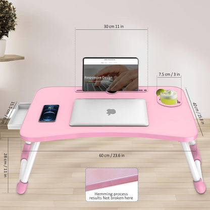 Multi-Function Laptop Bed Table with Storage Drawer and Cup Holder, Lap Desk Stand Tray for Eating, Reading and Working