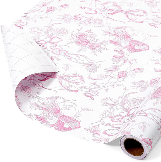 Pink Bow Floral Wrapping Paper - 1 Roll 17”x 33 ft Vintage Flower Gift Wrap Paper Pink Bow Princess Gift Packing for Girls Bridal Shower Wedding Coquette Birthday Party Favor