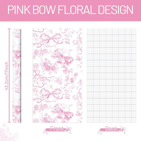 Pink Bow Floral Wrapping Paper - 1 Roll 17”x 33 ft Vintage Flower Gift Wrap Paper Pink Bow Princess Gift Packing for Girls Bridal Shower Wedding Coquette Birthday Party Favor