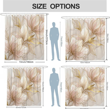 Flower Shower Curtain, Elegant Modern Leaf Gold Spring Pastel Peach Waterproof Fabric Toile Cloth Shower Curtains for Bathroom Bathtub Apartment Decor 62x72 Inch