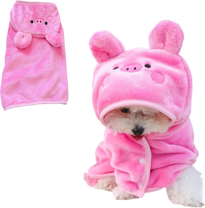 Dog Bathrobe with Hood Super Absorbent Soft Quick Drying Towel Wrap Adjustable Puppy Cat Bath Robe Towel for Cold Weather Beach Pool (Pink Pig, Small)