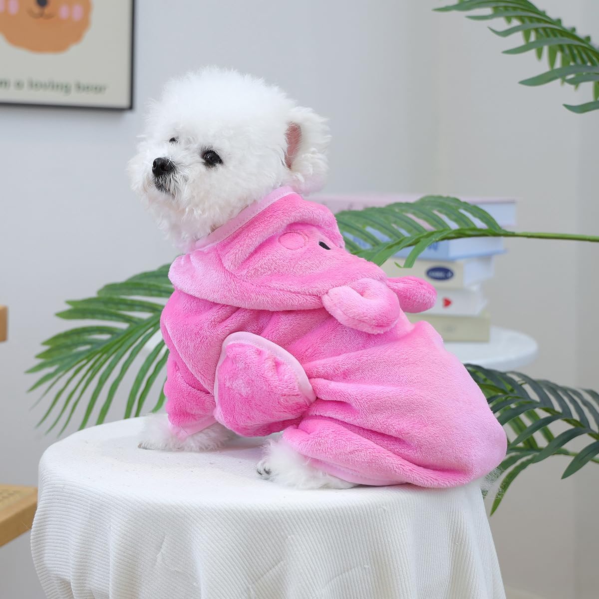 Dog Bathrobe with Hood Super Absorbent Soft Quick Drying Towel Wrap Adjustable Puppy Cat Bath Robe Towel for Cold Weather Beach Pool (Pink Pig, Small)