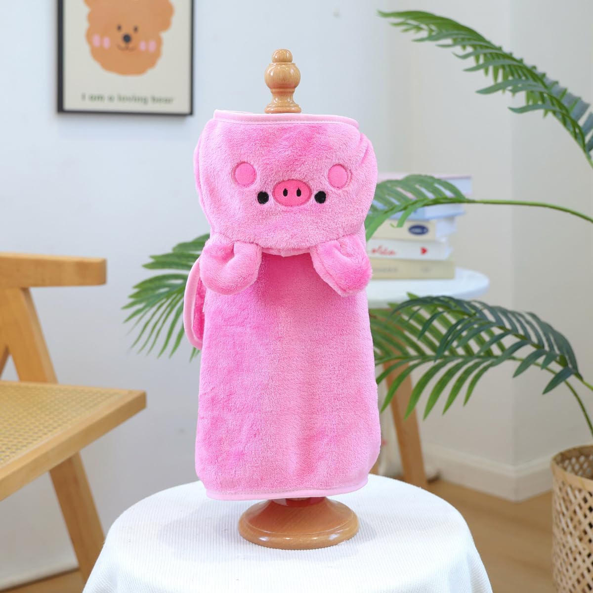 Dog Bathrobe with Hood Super Absorbent Soft Quick Drying Towel Wrap Adjustable Puppy Cat Bath Robe Towel for Cold Weather Beach Pool (Pink Pig, Small)