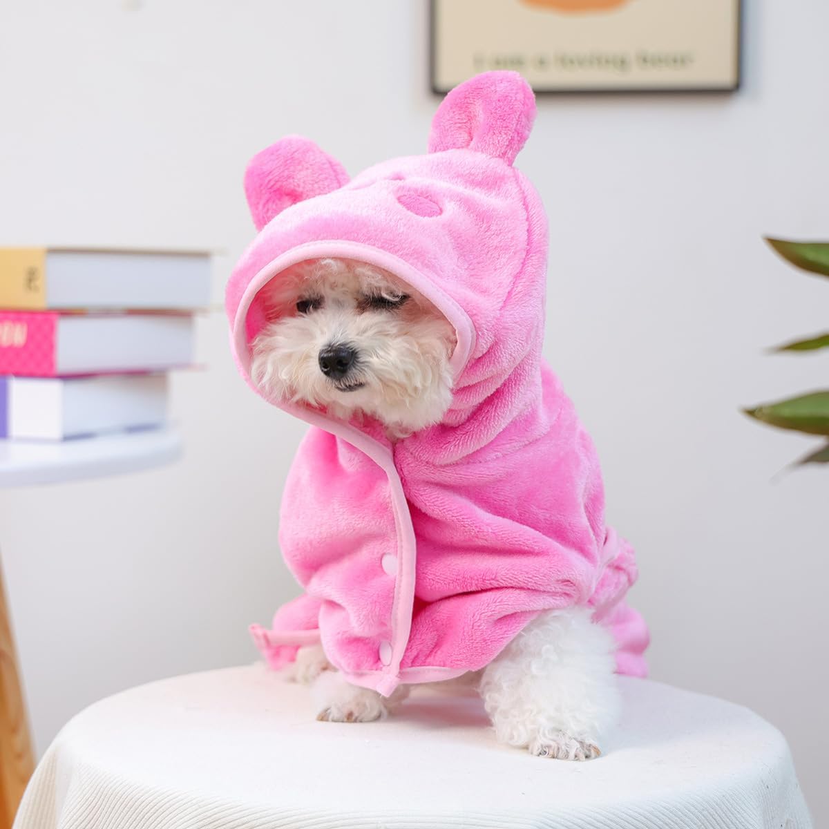 Dog Bathrobe with Hood Super Absorbent Soft Quick Drying Towel Wrap Adjustable Puppy Cat Bath Robe Towel for Cold Weather Beach Pool (Pink Pig, Small)